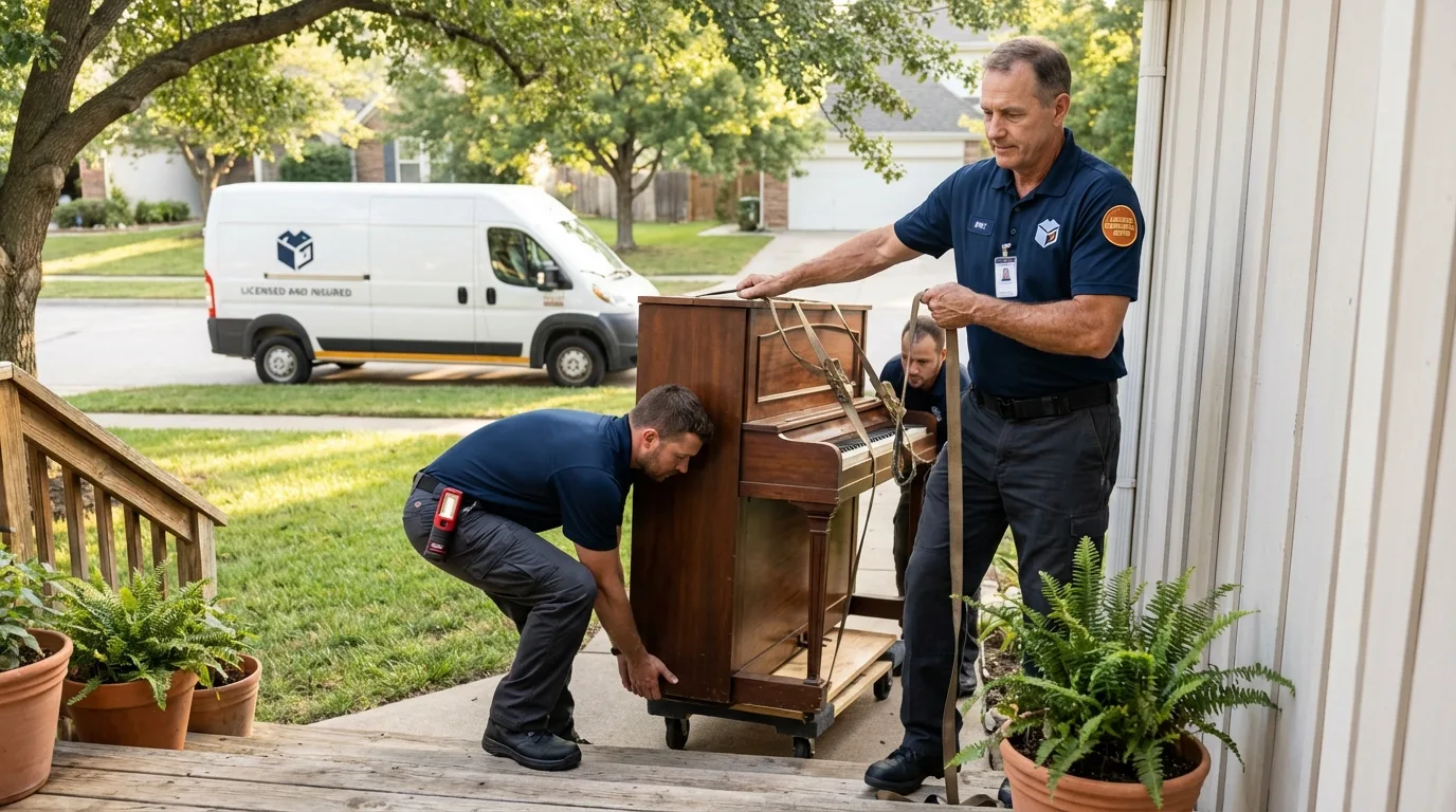 Licensed piano movers securing grand piano in Drew, MS